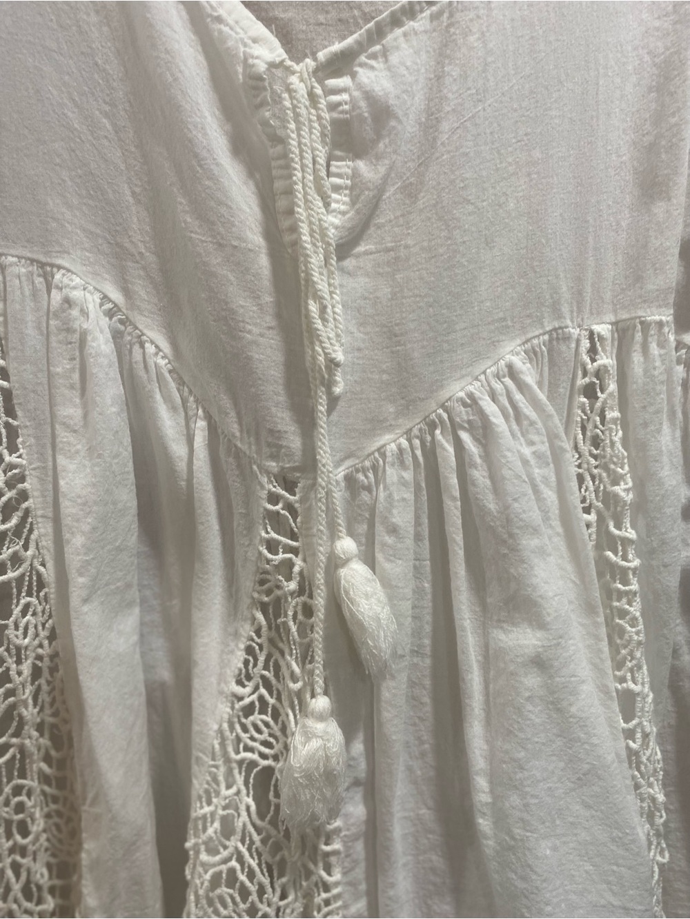 Boho Lace-Panel White Peasant Top with Tie - Picture 5 of 6